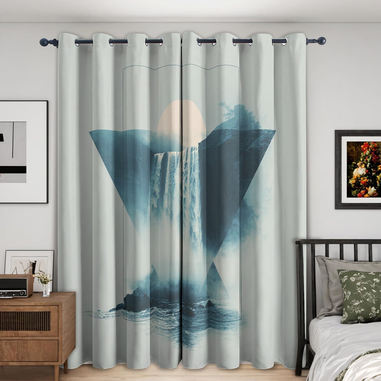 Flumoxa Landscape Blackout Curtains 39 Inches Long 2 Panels Set, Moon Mountain Waterfall Geometric Curtains for Bedroom Living Room Kitchen Window, Landscape Home Decor Drapes