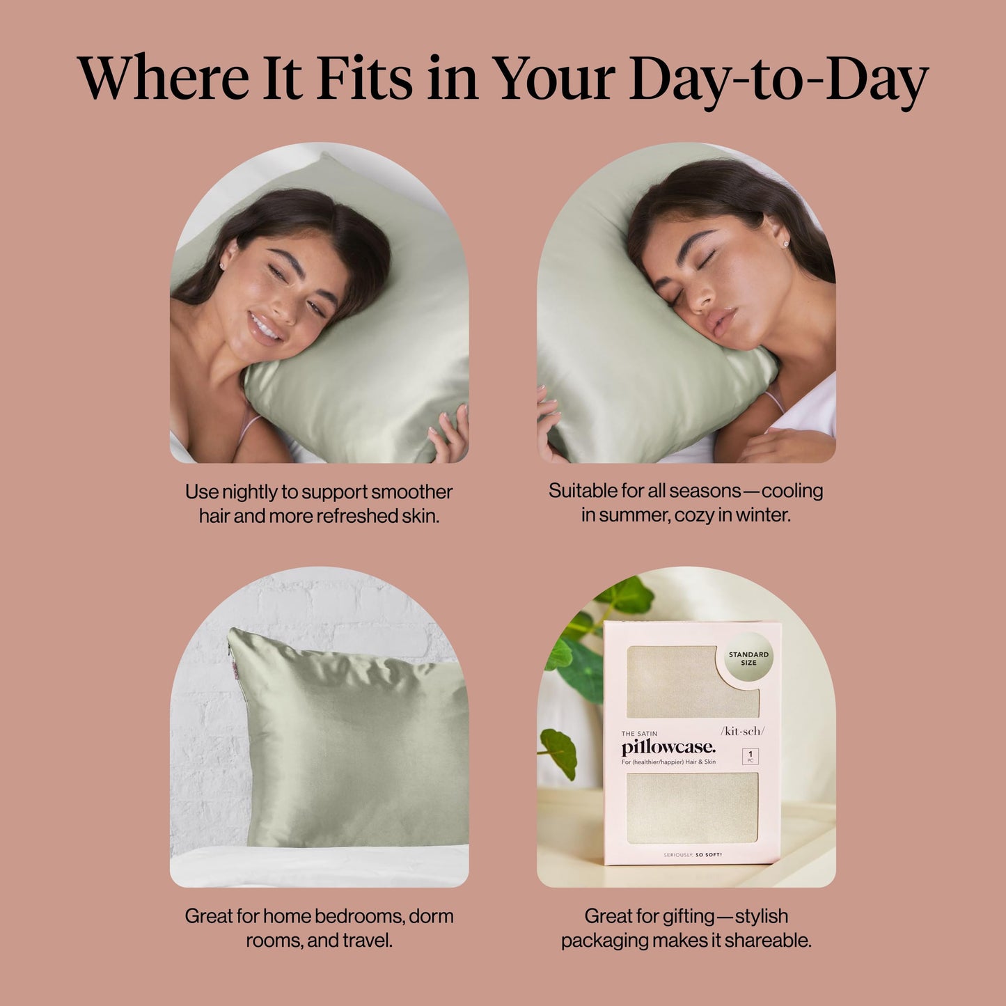 Kitsch Satin Pillowcase with Zipper for Hair & Skin - Softer Than Silk Pillow Cases, Smooth Cooling Satin Pillow Case, Wrinkle-Free, Machine Washable - Pillow Cases Standard Size (19x26) - Sage