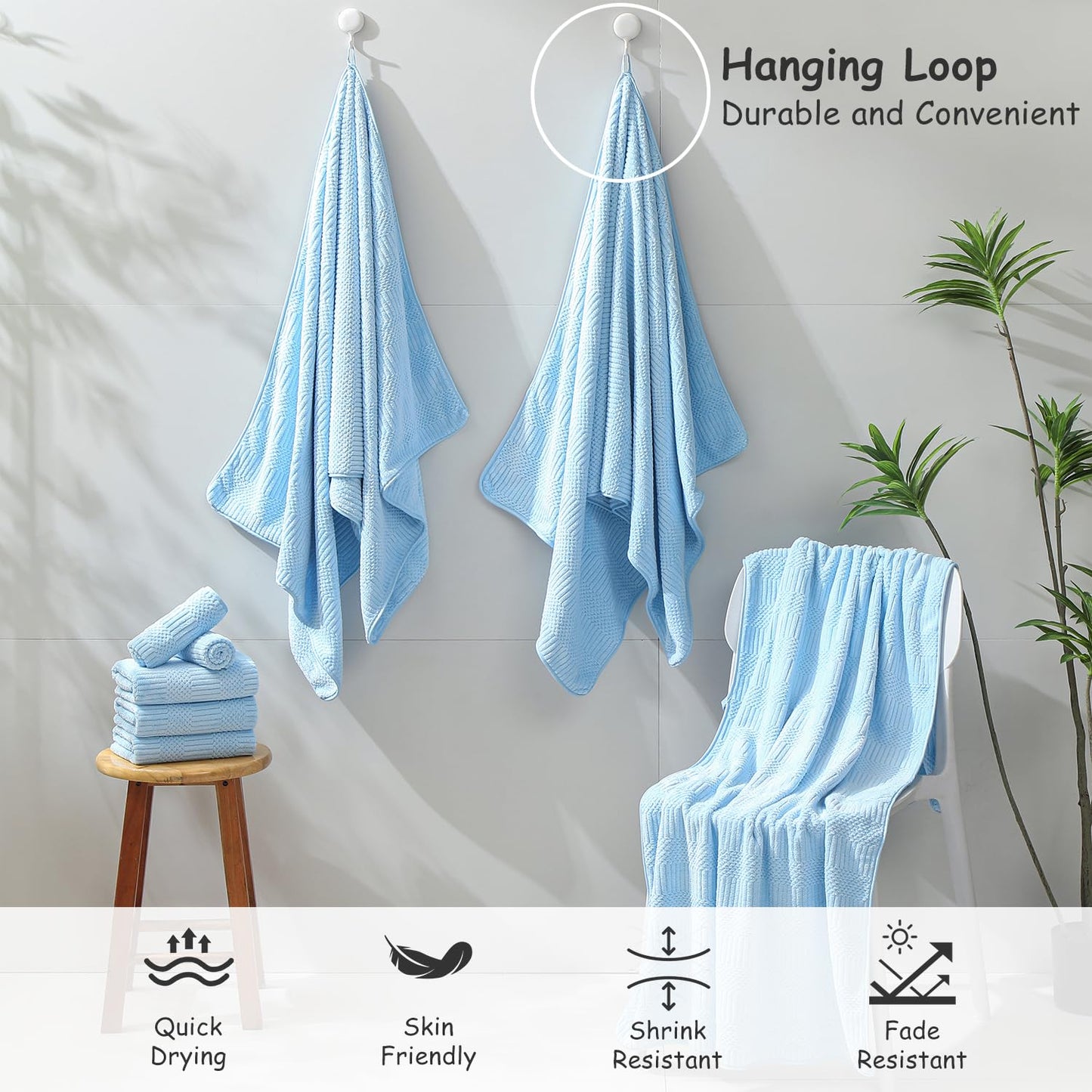 18 Pcs Blue Woven Family Towels Set-6 Bath Sheets,6 Hand Towels,6 Washcloths Soft Microfiber Towels Absorbent Shower Towel Quick Dry Beach Chair Towel Lint Less Towels Set for Bathroom Spa Gym Hotel