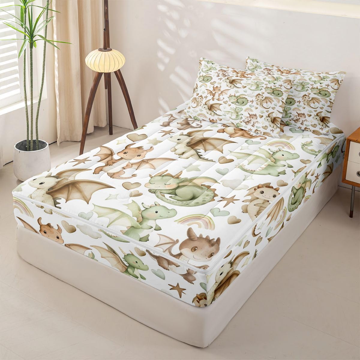 Erosebridal Dragon Zipper Bedding Set Twin Nursery Green Brown Dragons Zip Up Comforter Set with Sheets Kids Boys Girls Cartoon Animals Bed in a Bag Stars Rainbow Heart Pattern Bed Sets
