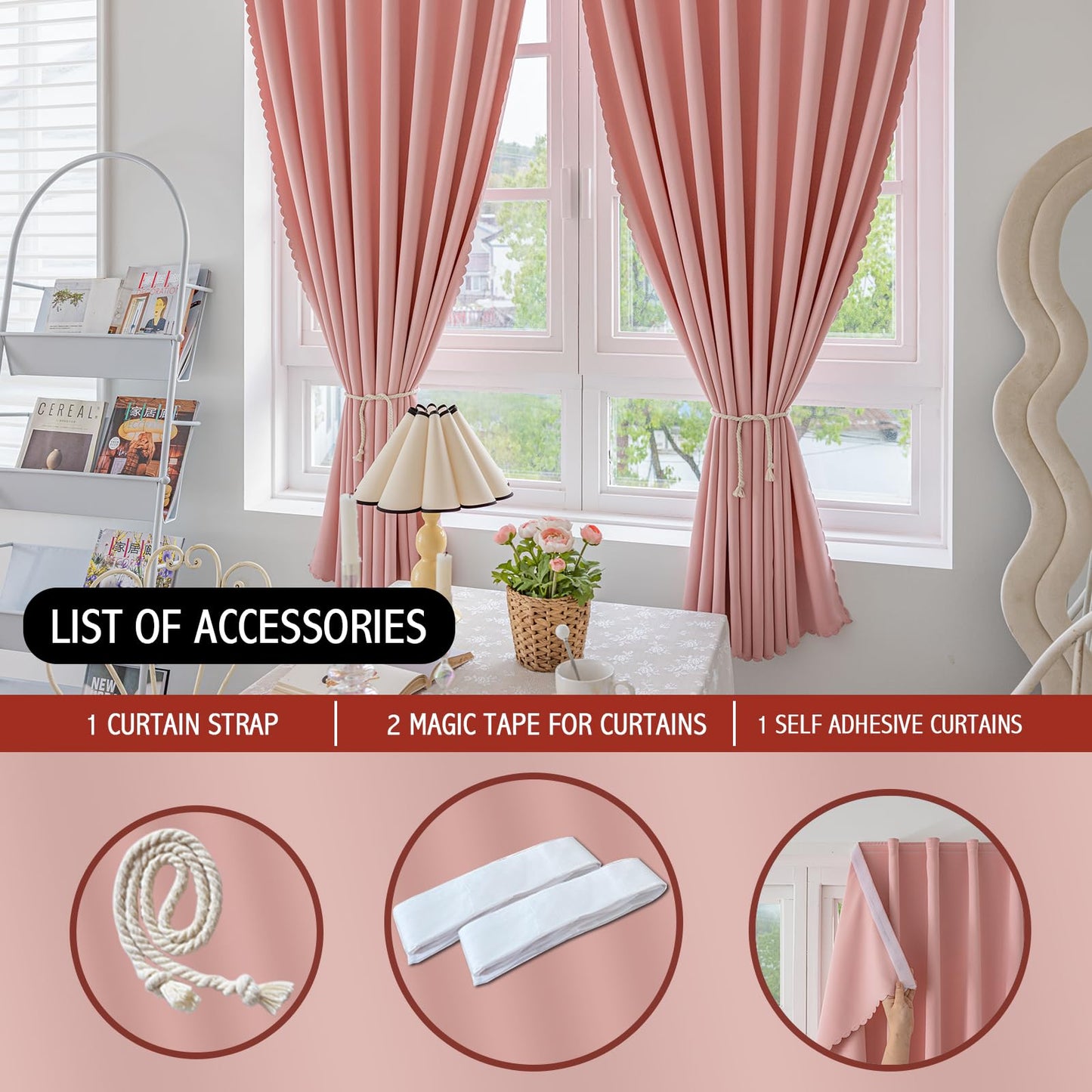 Jilron Magic Tape Stick on Curtains Blackout Curtains for Bedroom no Drillng Self Adhesive Curtain no Rod Small Window (Pink, 35" W x 40" L) 2 Panels