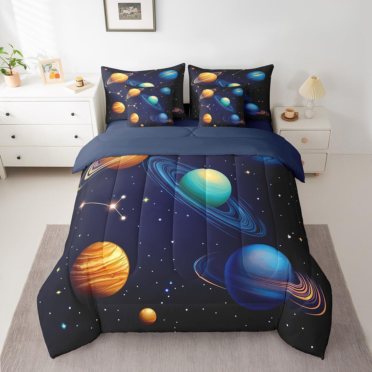 Erosebridal Kids Galaxy Bed in A Bag with Sheets Teen Boys Outer Space Planet Bedding Set Solar System Twin Comforter Set 7 Piece Starry Sky Universe Stars Sheet Set with Comforter