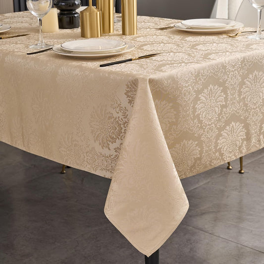 Romanvicky Damask Jacquard Rectangular Tablecloth, Champagne Gold Floral, Spill-Proof Stain Resistant Wrinkle Free Table Cover for Banquet Dining Holiday Party Decor, 52x70 Inch