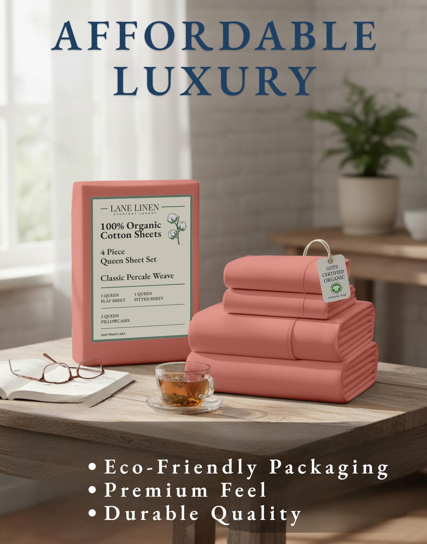 LANE LINEN 100% Organic Cotton Queen Sheets, Eco Friendly Mercerized Cotton Fully Elasticized Bedding Sheets & Pillowcase Set, Low Pill Fade Resistant Naturally Cooling Bedding Queen Size- Rose Dawn