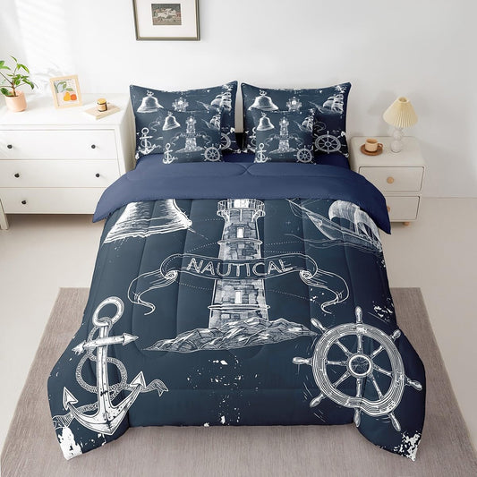 Erosebridal Nautical Theme Sketch Comforter Set 7 Piece Bed in a Bag Twin,Ocean Retro Sailboat Bedding Sets Pirate Boat Anchor Steering Wheel Compass Sheet Set with Comforter