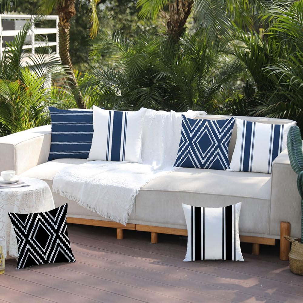 DFXSZ Outdoor Pillow Covers 18x18 Inch Set of 4 Navy Blue Waterproof Modern Geometry Throw Pillows Outdoor Summer Waterproof Decor for Patio Funiture Garden Polyester Cushion Covers 013N18