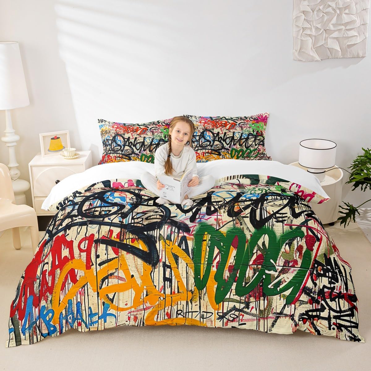 Manfei Graffiti Duvet Cover Set Street Art Hip Hop Bedding Set 3pcs for Kids Boys Girls Modern Fashion Design Comforter Cover Microfiber Bedspread Cover with 2 Pillow Cases(No Comforter) Queen Size
