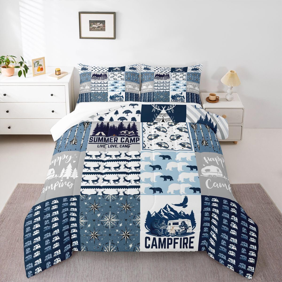 Erosebridal Happy Camping Bedding Set Queen Size for Boys Kids Teens, Camper Duvet Insert, Rustic Farmhouse Style Comforter Set, Sketch Drawing Camper Bedding, Camping Car Down Comforter, Blue