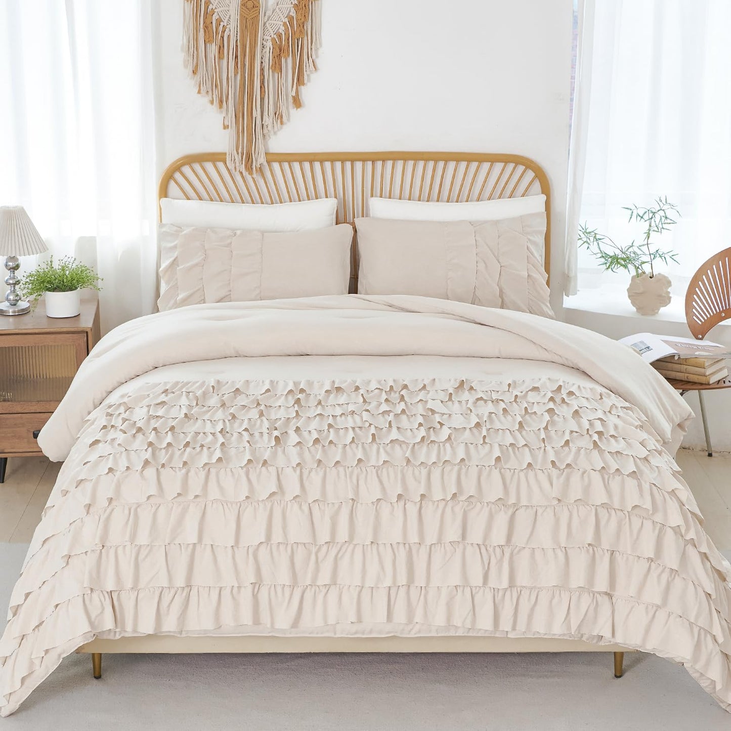 PERFEMET Queen Comforter Set 3 Pieces Beige Ruffled Comforter Set Shabby Chic Bedding Sets for Women Teen Girls Fluffy for All Season