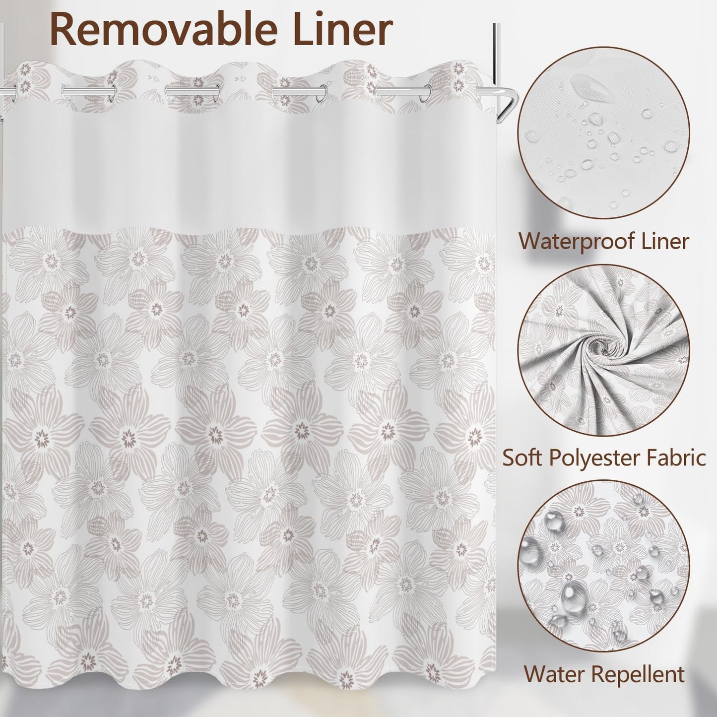 No Hook Shower Curtain with Snap in Fabric Liner Set, Waterproof & Washable, Boho Soft Tan Paisley Floral Shower Curtains for Bathroom, Elegant Neutral Modern Hotel Flower Bathroom Curtain, 71x74 inch