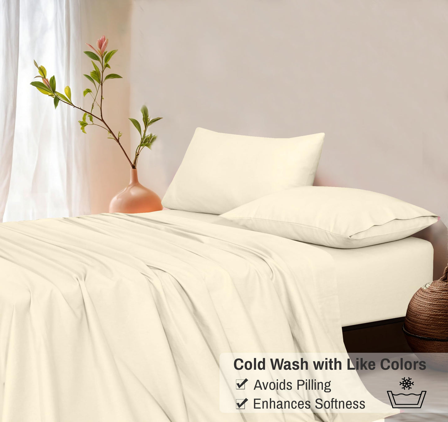 RUVANTI Flannel Sheets Queen Size - GOTS Certified 100% Organic Cotton, 4 Piece Warm, Soft & Breathable Set, Deep Pocket Snug Fit, Double Brushed Cozy All Season Bedding, Winter White
