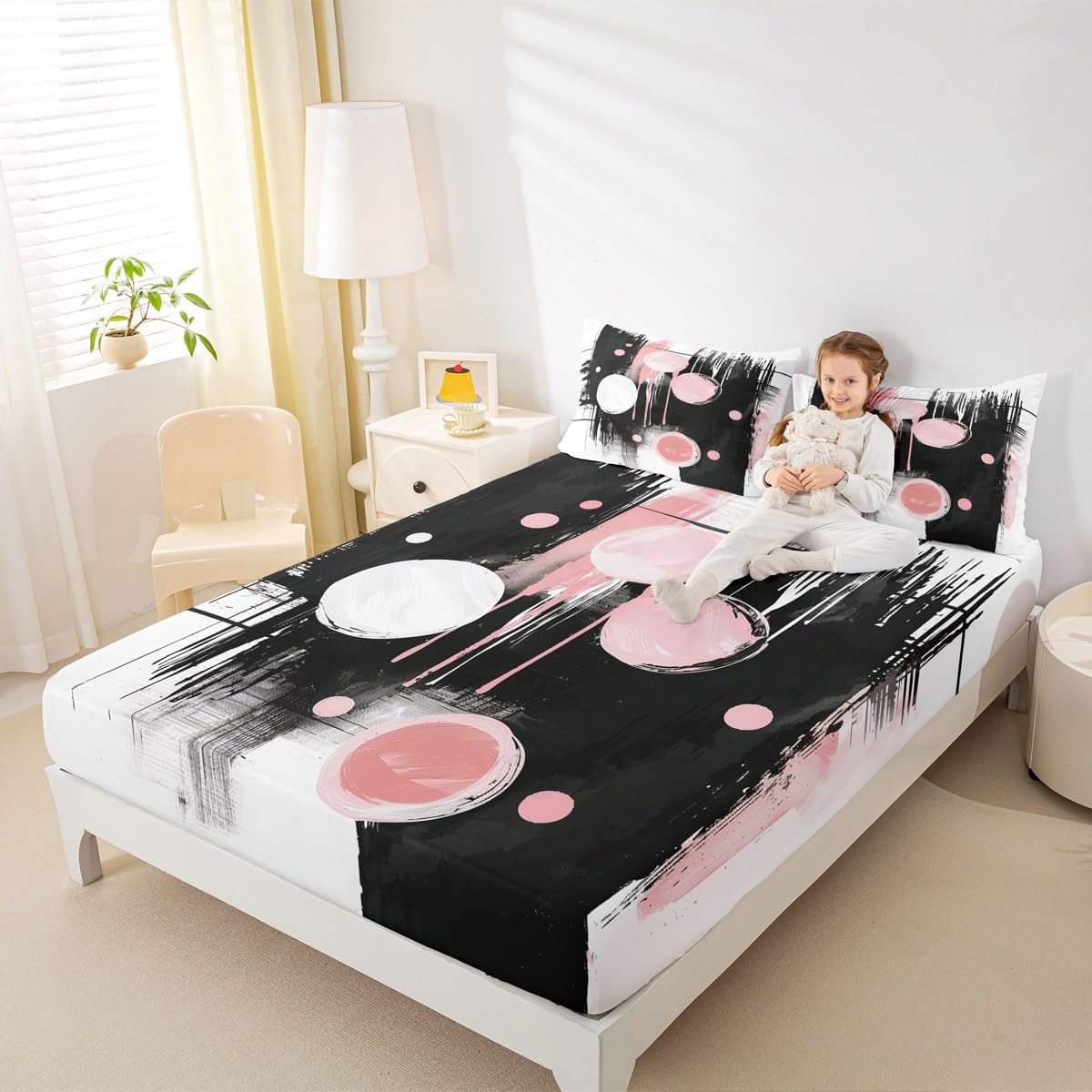 jejeloiu Retro Circle Fitted Sheet with 1 Pillowcase Twin Size Black and Pink Abstract Bed Sheets Set 16" Deep Pocket Boys Girls Bedding Teens Bedroom Decor Breathable Soft