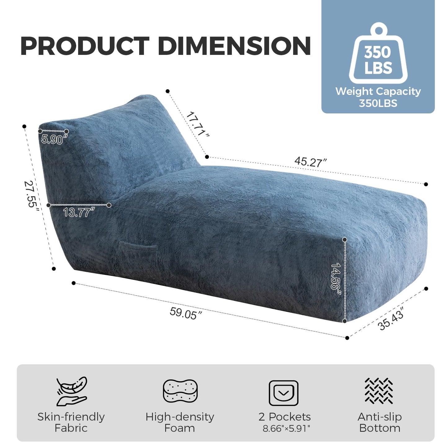 Giant Bean Bag Chair for Adults (59"x34"), Big Faux Fur Plush Bean Bag Lounger, Large Memory Foam Lounger Chair with Pockets for Living Room, Bedroom & Dorm (Bluegrey)