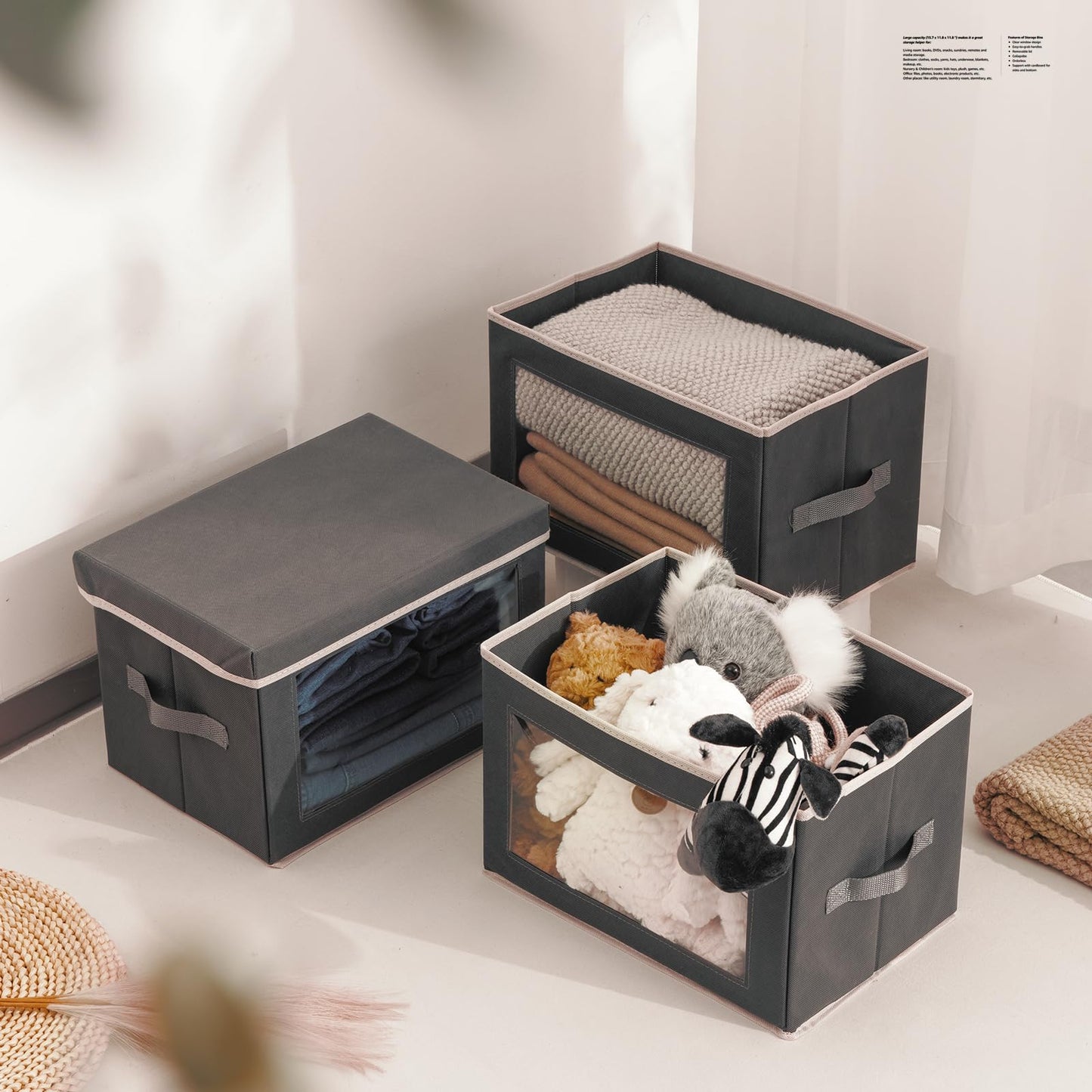 Homsorout Storage Bins with Lids - Fabric Storage Boxe with Window, Collapsible Closet Organizers with Handles, 3 Pack Decorative Bin, Home Cubes Baskets for Clothes, Hat, Books, Dark Grey