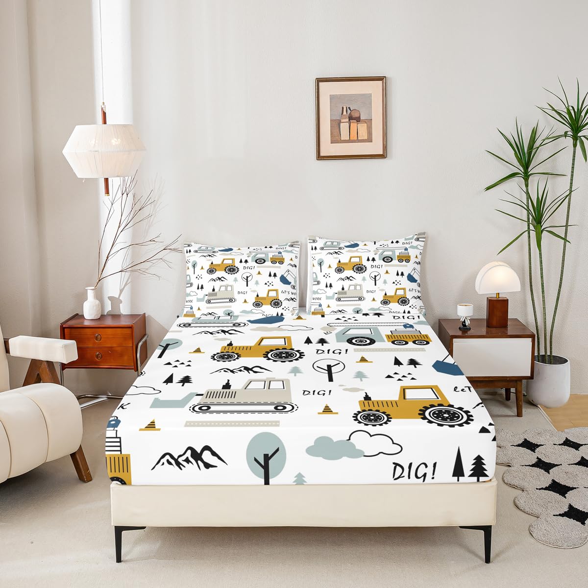 Cartoon Car Kids Sheet Set Construction Bed Sheets Set Decor Equipment Trucks Sheets with Deep Pocket Fitted Sheet Cartoon Car Excavator Tractor White Yellow Bedding Set Bedroom Quilt Cover 4Pcs Full