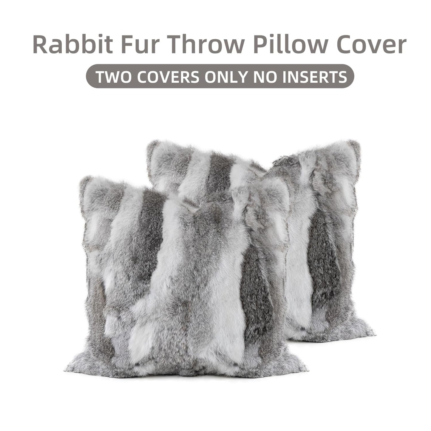 ROSE FEATHER Genuine Rabbit Fur Throw Pillow Covers Set of 2, Luxury Decorative Pillowcases Soft Fluffy Animal Skin Accents Cushion Cover for Couch Sofa Bedroom Living Room Home,18x18 inch,Gray-White
