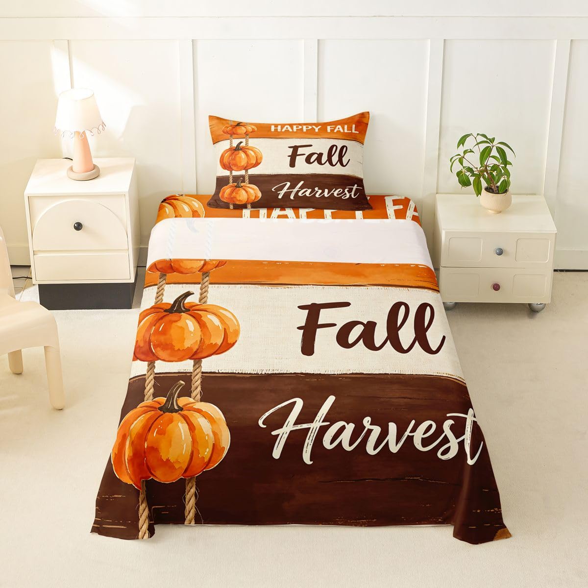 Erosebridal Fall Harvest Bed Sheets Twin Size Rope Hanging Pumpkin Sheet Set Rustic Wooden Art Bedding Set Minimalist Autumn Sheets