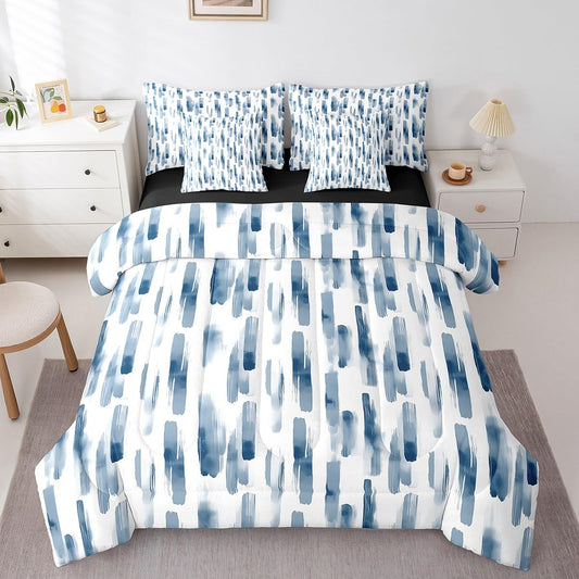Erosebridal 7Pcs Navy Blue Boho Comforter Set King Size,Abstract Art Aesthetic Striped Bed in A Bag for Kids Teens Adults,Ink Painting Graffiti Watercolor Quilt Set,Modern Bedding with Bed Sheets