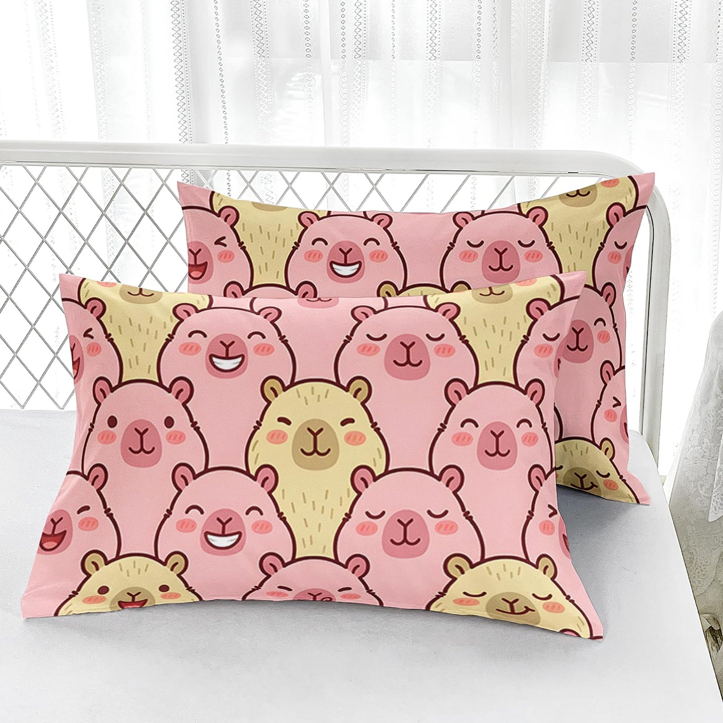 AILONEN 3 Piece Cute Capybara Faces Twin Fitted Sheet Set, 1 Fitted Sheet + 2 Pillowcases, Blush Animal face Pattern in Pink Tones