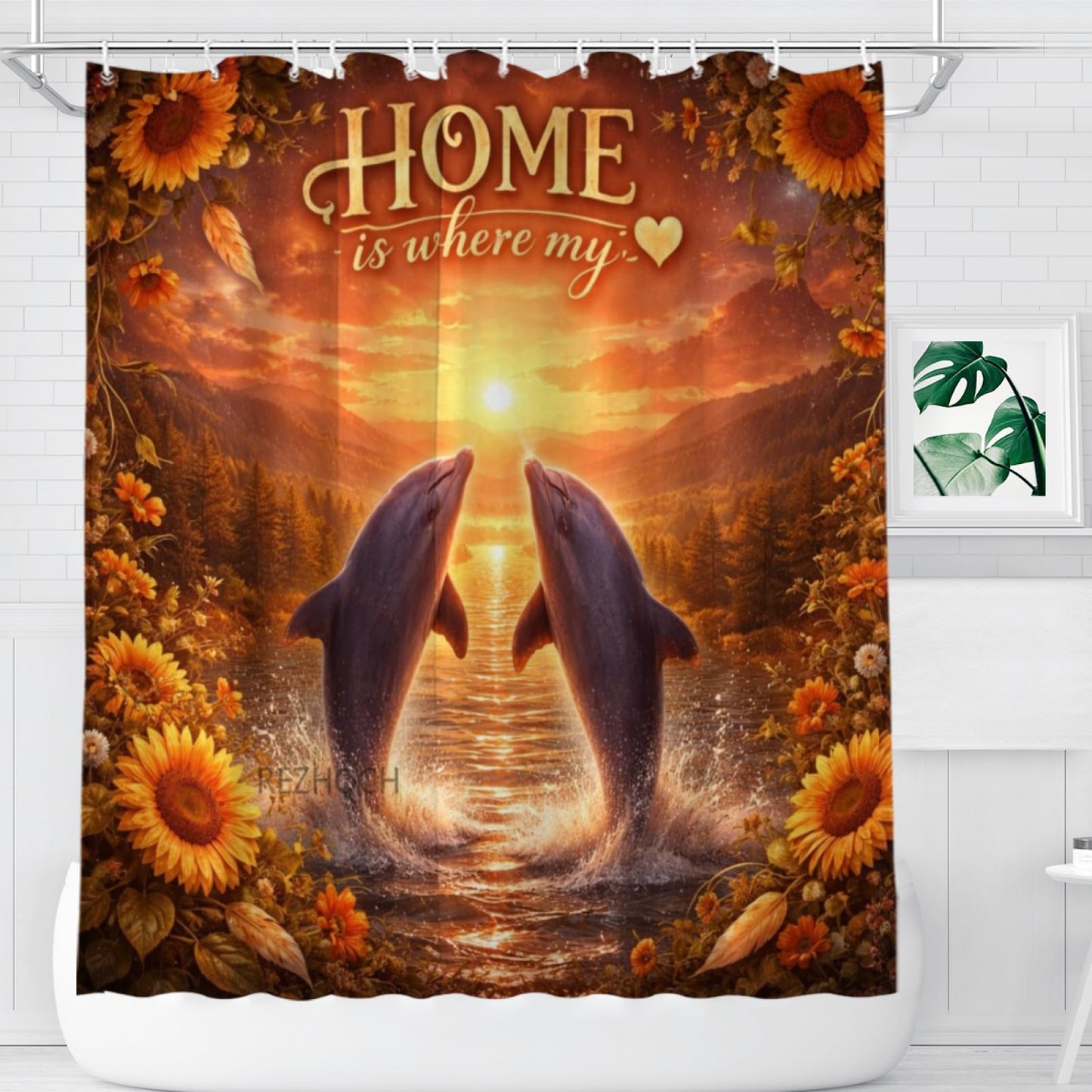REZHOCH Funny Dolphin Shower Curtain 72x72 Inch Rustic Farmhouse Home Bathroom Decor,Cozy Warm Golden Sunset Sunflower Cute Animals Nature Mountain Forest Bath Set with Hooks