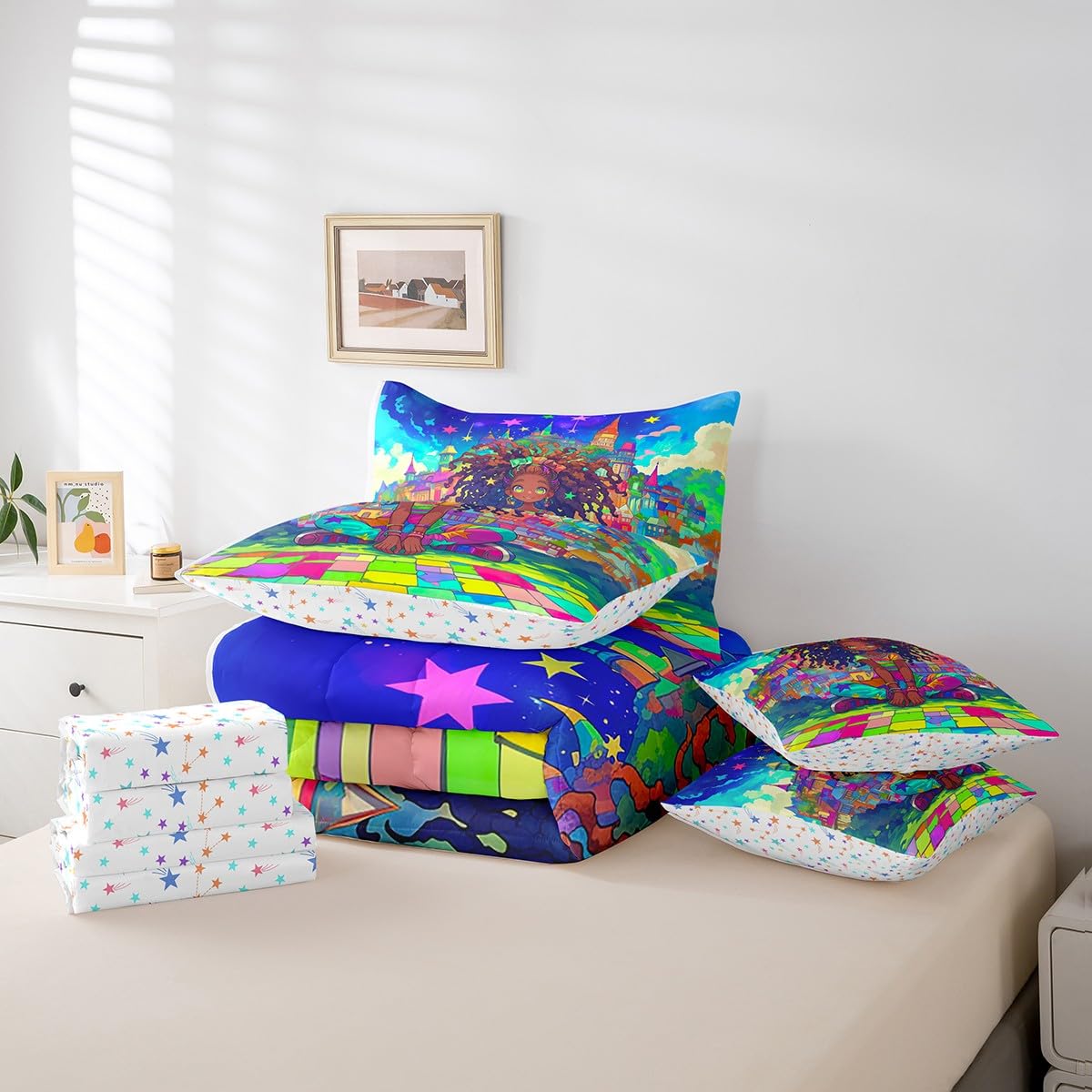 jejeloiu Kids Cute Black Girl Comforter Set 7 Pieces Full Size African American Girl Bedding Set Star Print Bed in a Bag with Comforter, Sheets, Pillowcases & Cushion Covers（No Glitter）