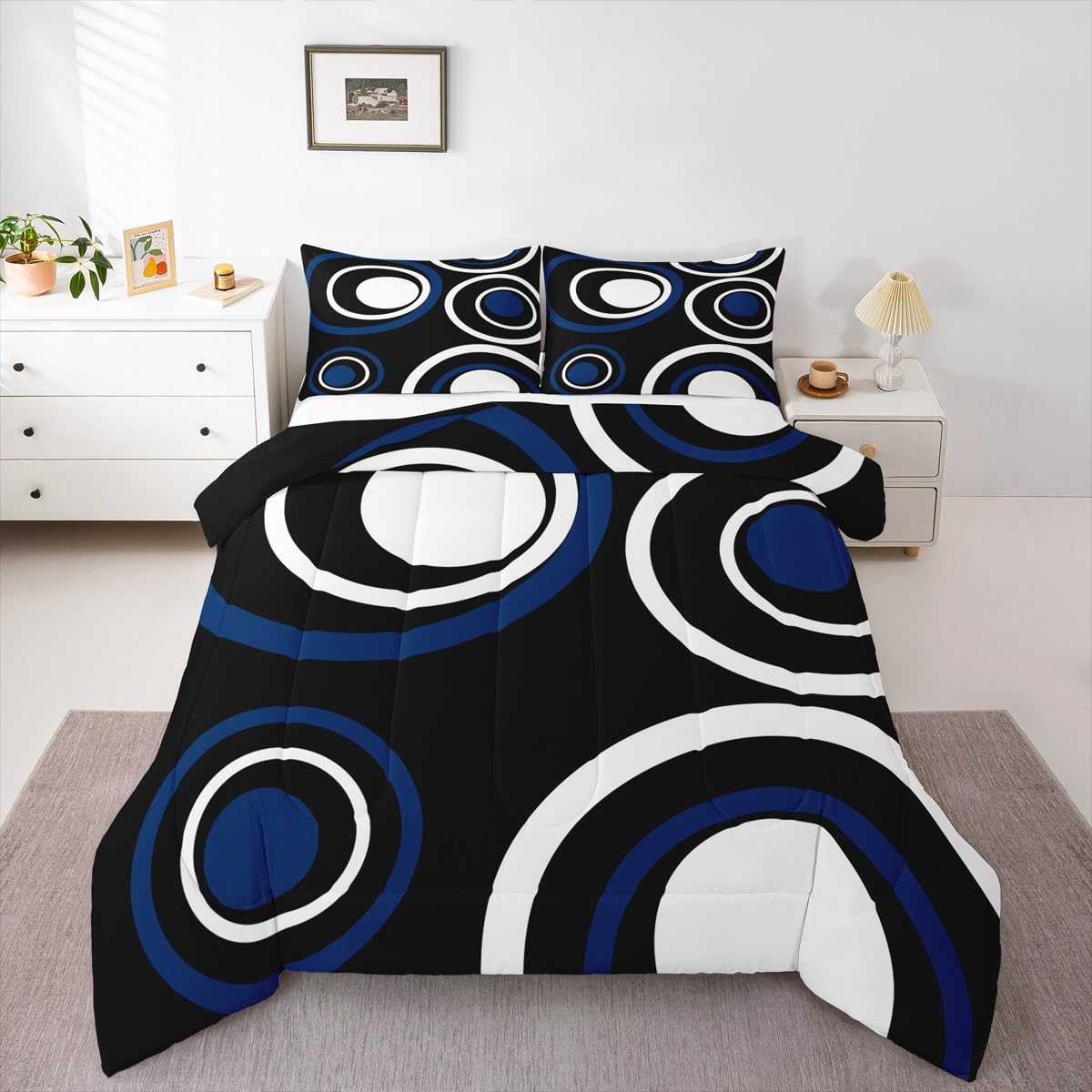Erosebridal Black Blue Vortex Queen Comforter Set for Adult Women Men Chic Geometric Abstract Mens Bedding Set Striped Aesthetic Circles Bed Set Boho Modern Quilt Set
