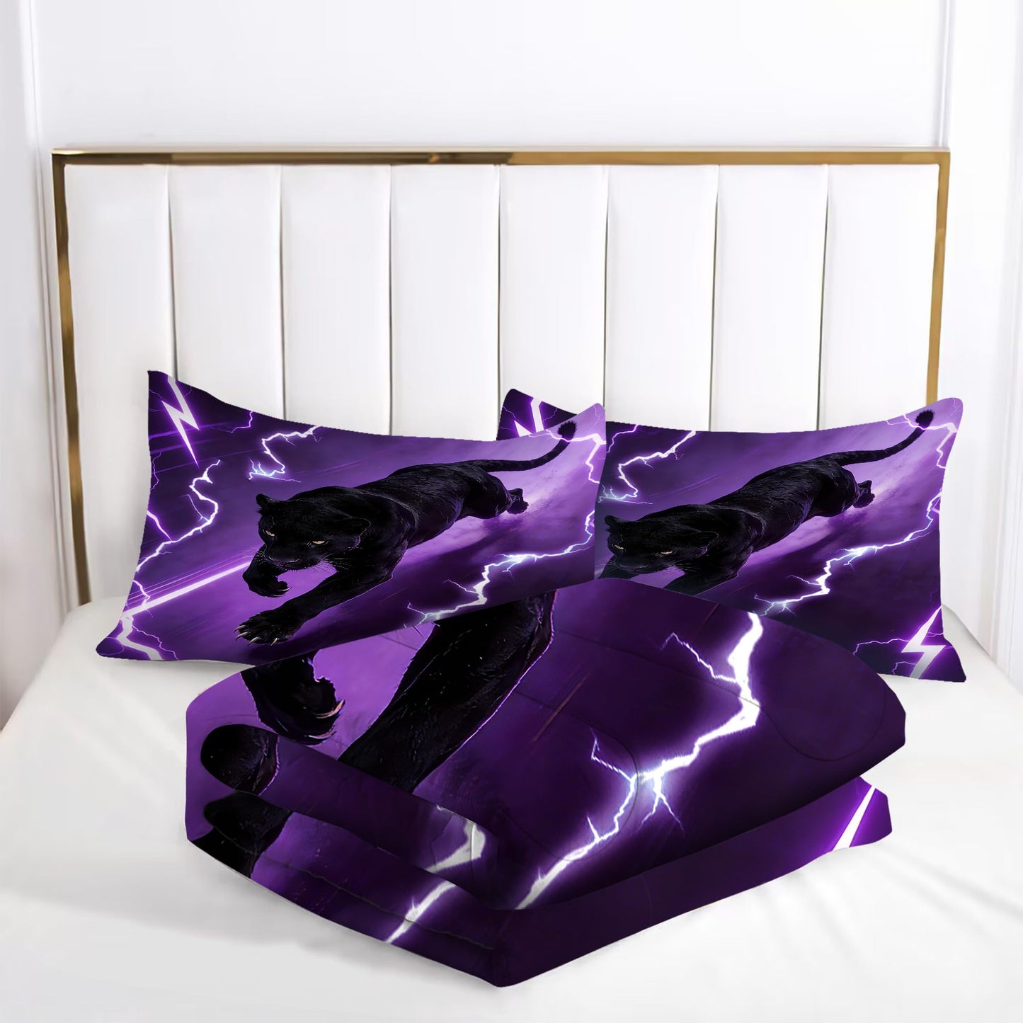 VTKON Purple Panther Comforter Set Full Size Lightning Black Leopard Bedding Set for Boys Teens Thunderbolt Cheetah Duvet Animal 3 Piece with 1 Comforter 2 Pillow Cases