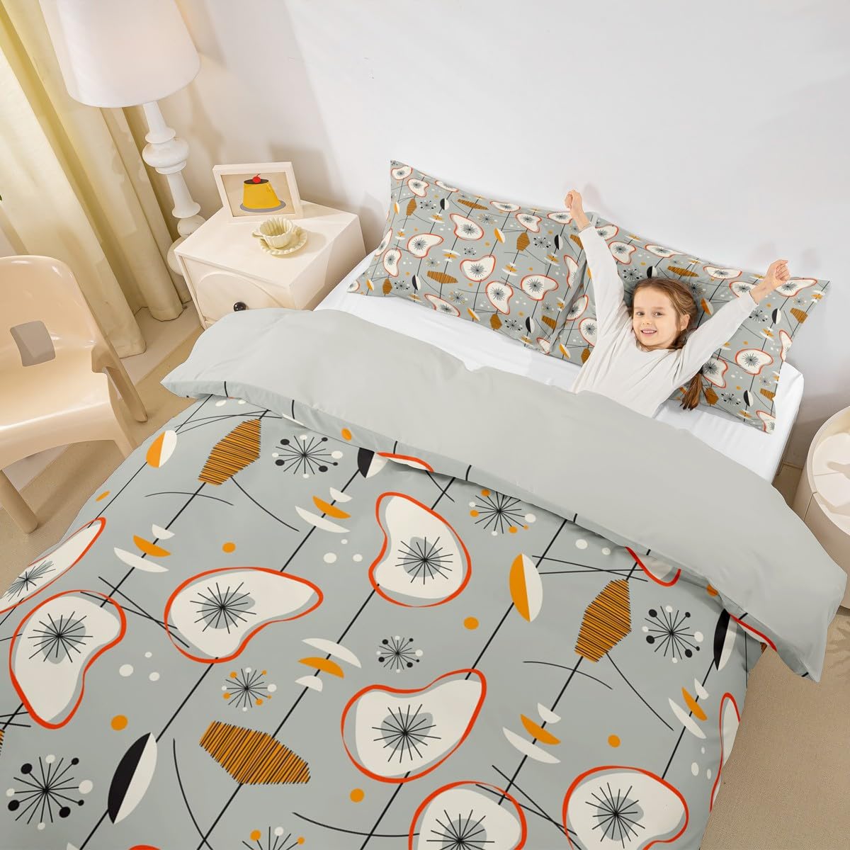 Erosebridal Grey Old Fashion Comforter Cover Abstract Atomic Bed Set, Brown Red White Aestheitc Duvet Cover King Size Boho Mid Century Bedding Sets, Minimalism Lines Bedspread Cover 3 Pieces