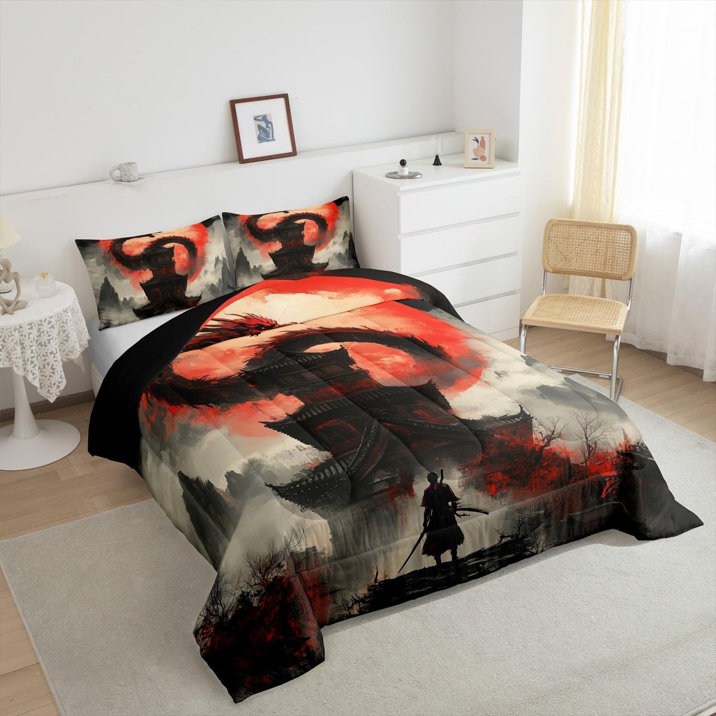 jejeloiu Dragon Comforter Set Japanese Style Samurai Bedding Set Full Size for Kids Boys Girls Teens Anime Sunset Duvet Set with 2 Pillow Case Moon Japan Comforter