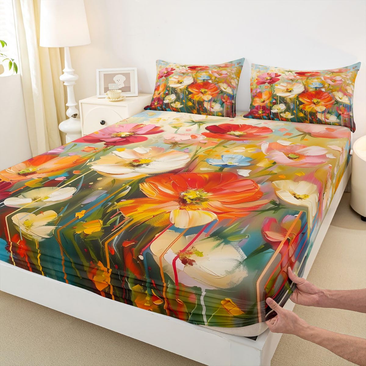 Feelyou Flower Bed Sheets Sets Queen Size Kids Boys Girls Retro Hippie Flower Bedding Set 60S 70S Groovy Bed Sheet Set with 16-Inch Deep Pockets 4Pcs with 2 Pillow Cases