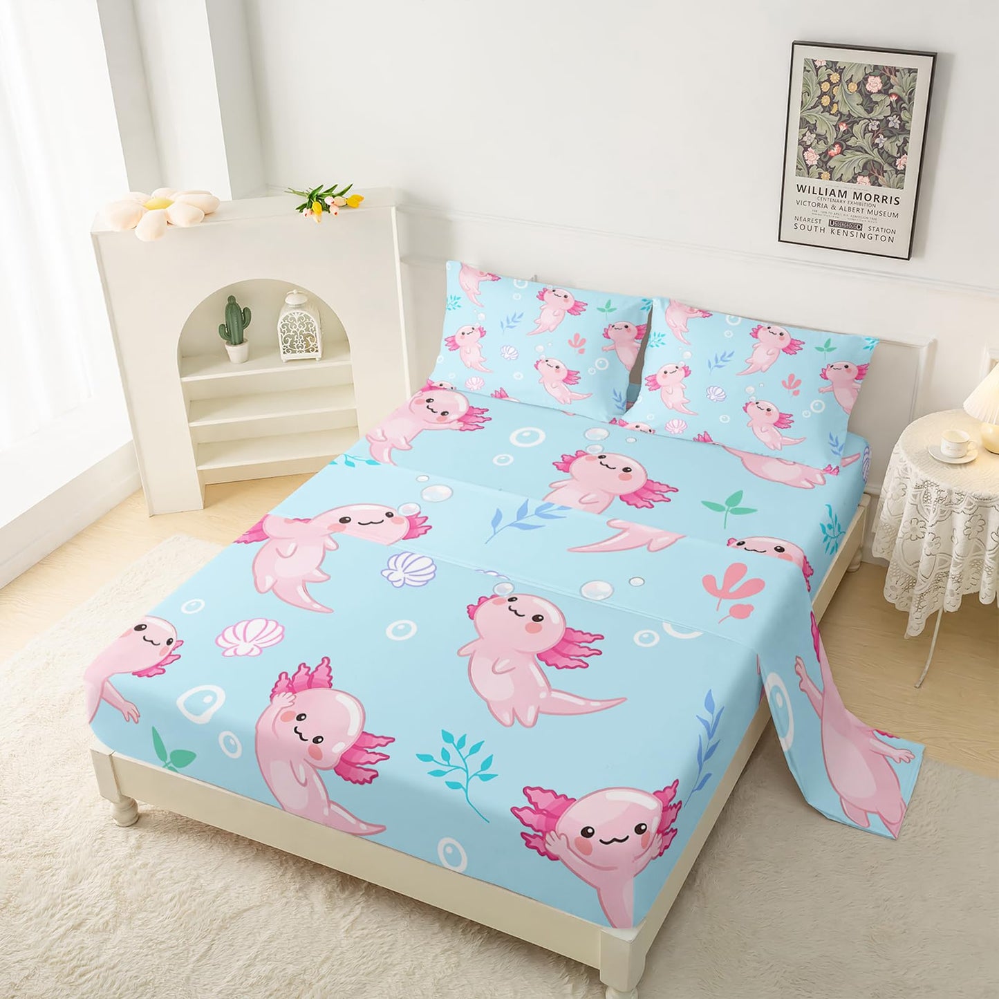 QOOMO Kawaii Marine Life Silky Soft Microfiber Bed Sheets Cute Axolotl Super Soft Kids Bedding Set Blue Ocean Breathable Room Decoration Queen Size 1 Fitted Sheet, 1 Flat Sheet, 2 Pillow Cases