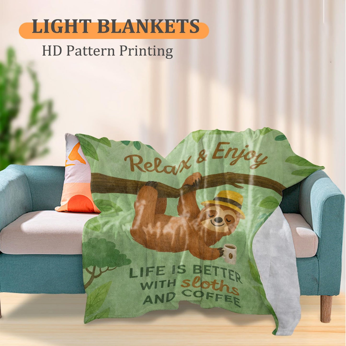 Relaxed Sloth Blanket, 60 x 50 Inch Flannel Cute Sloths Coffee Vibes Forest Animal Throw Blanket, Gifts for Women Girls Boys Adults Kids, Lightweight Cozy Warm Blankets for Sofa Travel Home Decor