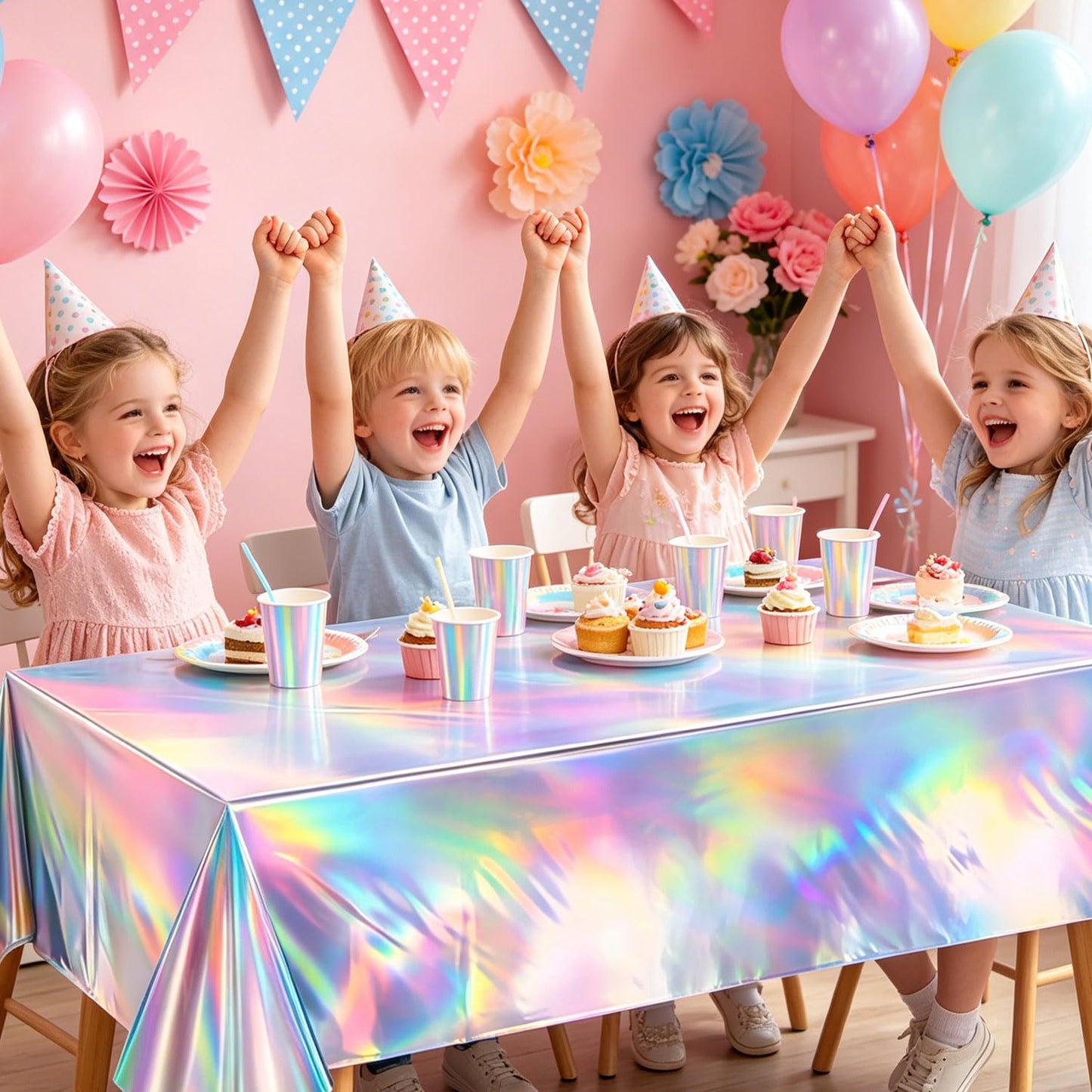 NKPDAXM 3 Pack Iridescent Tablecloths, Shiny Disposable Foil Plastic Holographic Table Covers for Rainbow Disco Bachelorette Bridal Wedding Party Decorations, 54" x 108"