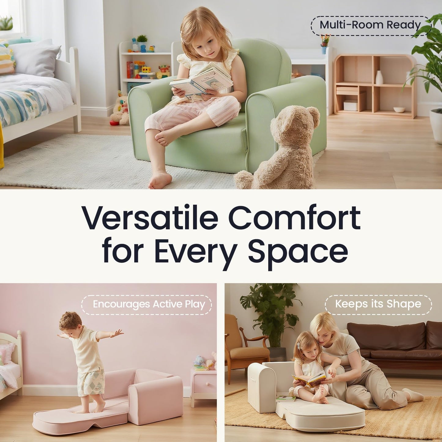 Tiny Land 2-in-1 Foldable Kids Couch with Pocket Soft Thick Toddler Sofa