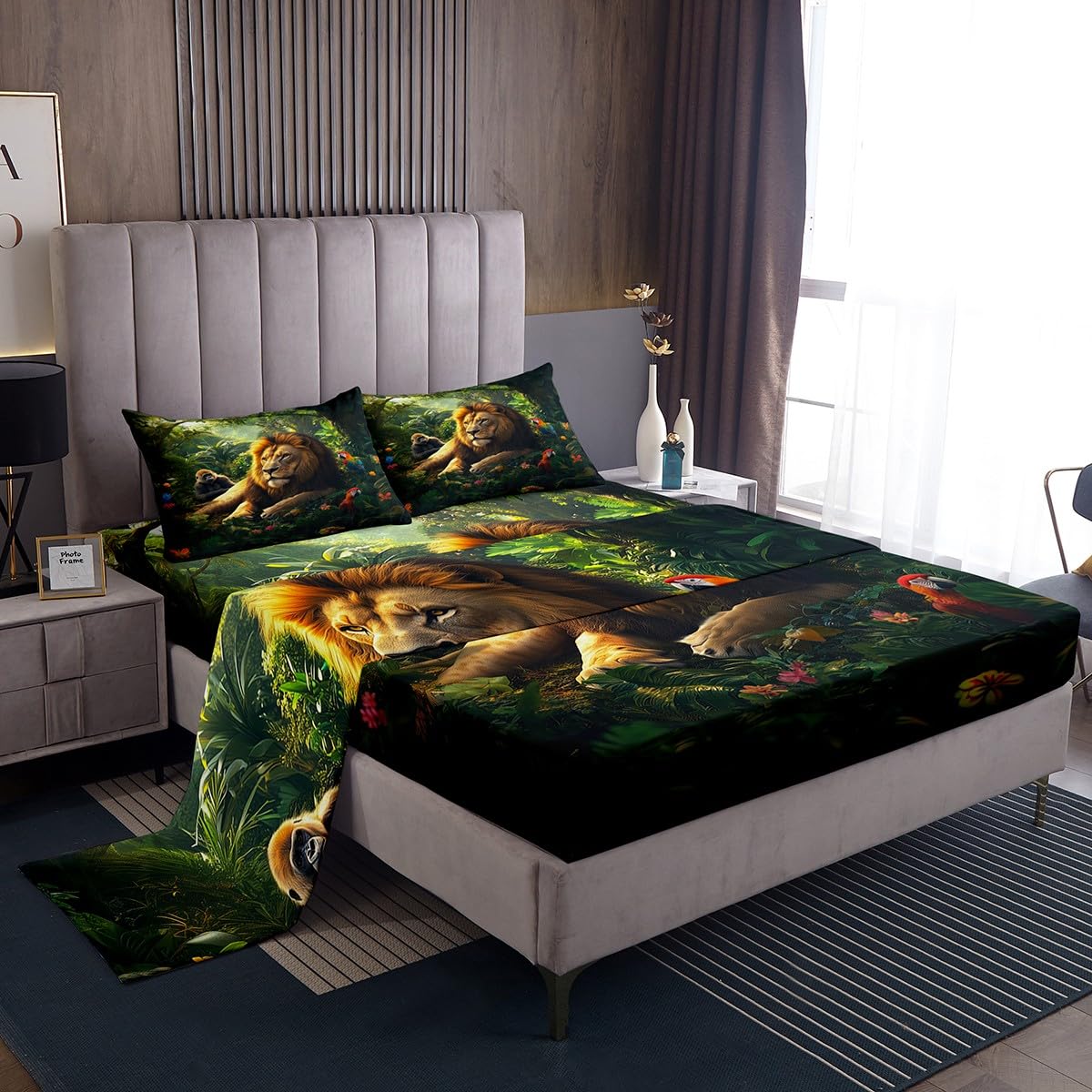 3D Lion Bedding Sets Full Size,Gorilla Parrot Bed Sheets 4Pcs,Tropical Jungle Trees Floral Fitted Sheet for Kids Boys Girls Adult Room Decor,Nature Wild Animals Top Flat Sheet,2 Pillowcases