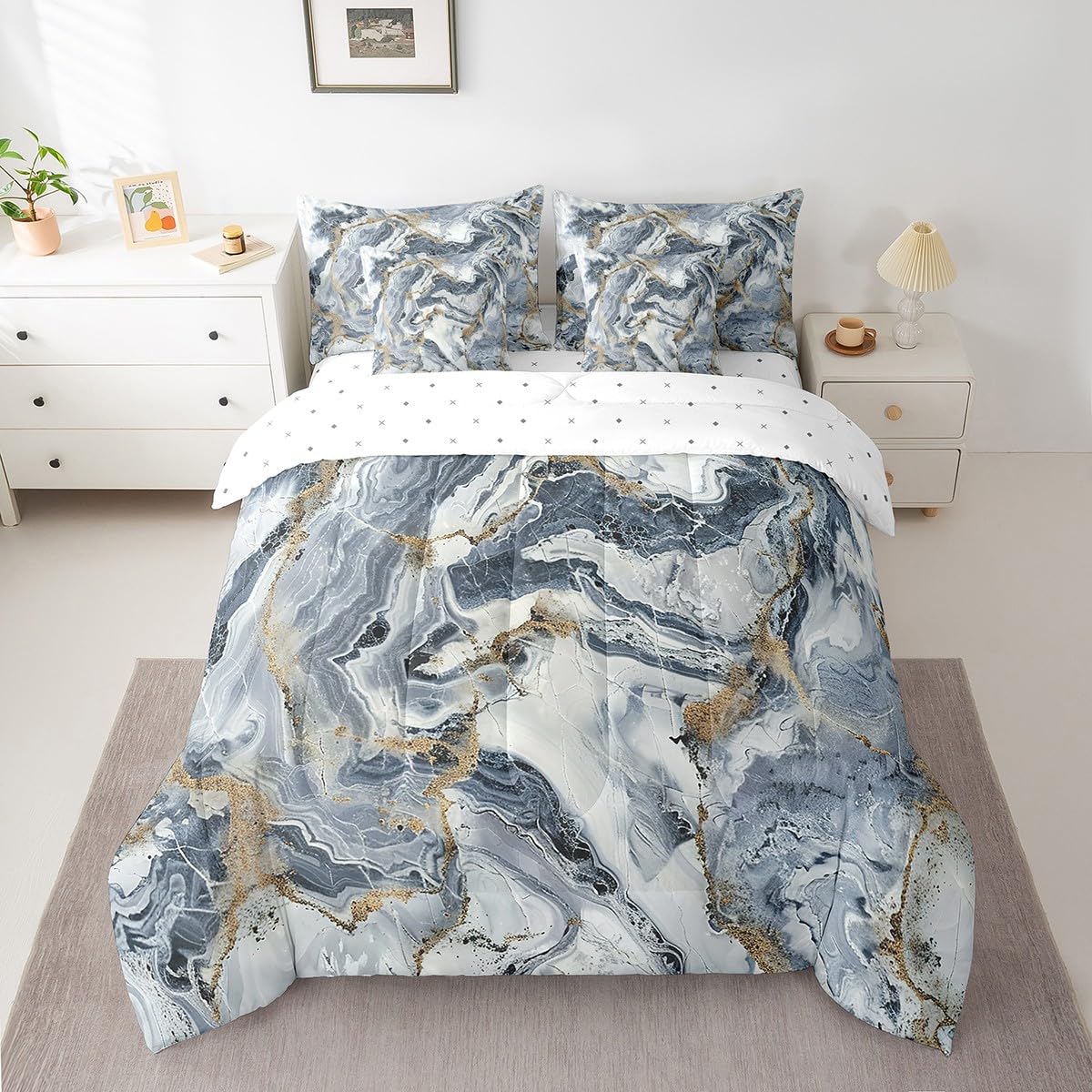 Erosebridal Marble 7 Pcs Comforter Set Queen Size Ink Fluid Bedding Modern Marbling Art Bed in A Bag for Boys Men Teens Luxury Stone Liquid Blue Gold Abstract Bed Set