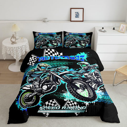 Feelyou Kids Dirt Bike Bedding Set Twin Size, Extreme Sports Comforter Set Boys Girls Racing Motocross Comforter Motorcycle Teens Duvet Set Bedroom Decor Microfiber Bed Set