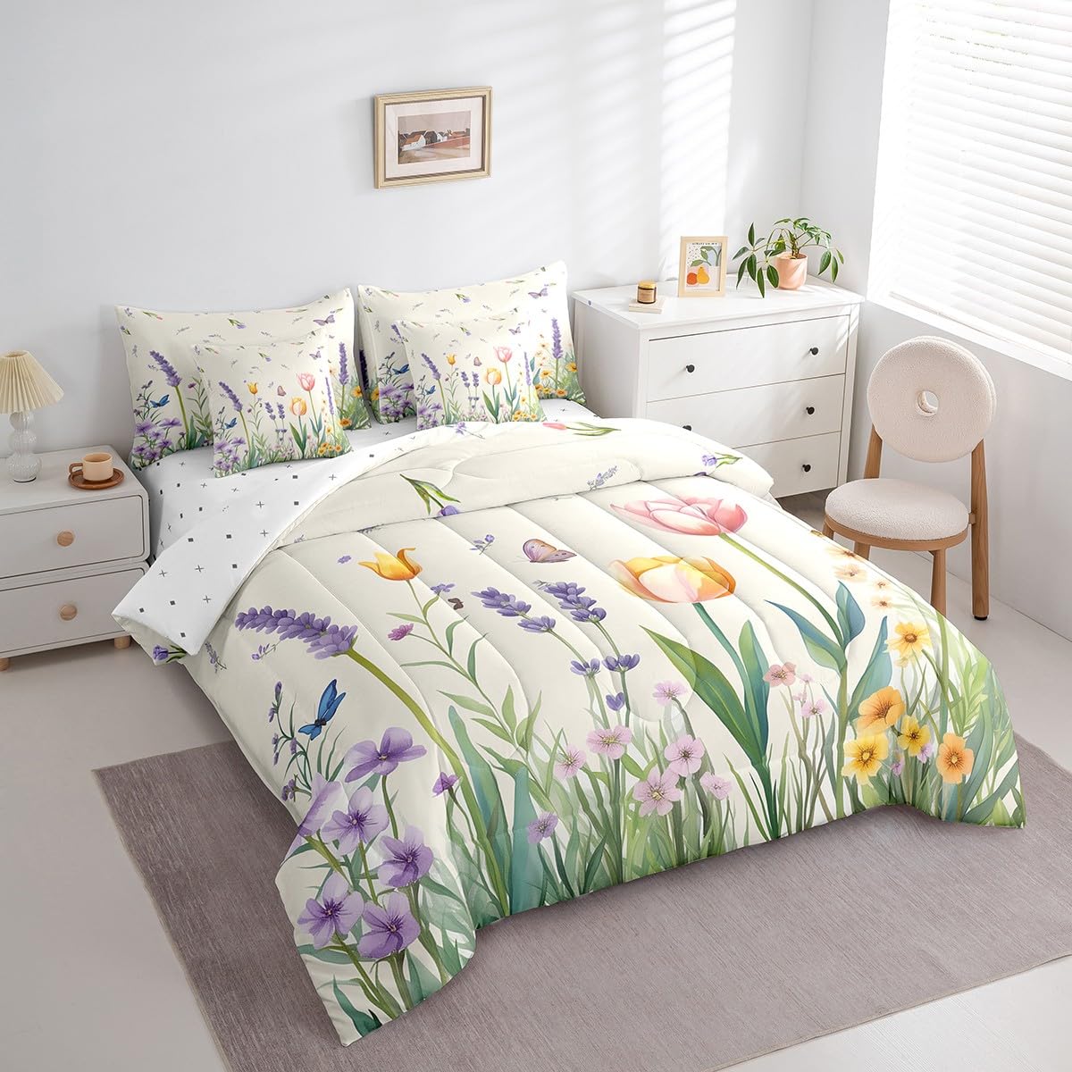 Erosebridal Tulips Full Size Bed Sheets and Comforter Set,Jungle Flowers 7 Piece Bedding Set Garden Floral Lavender Bed in a Bag,Rural Pastoral Style Farmhouse Rustic Bed Sets