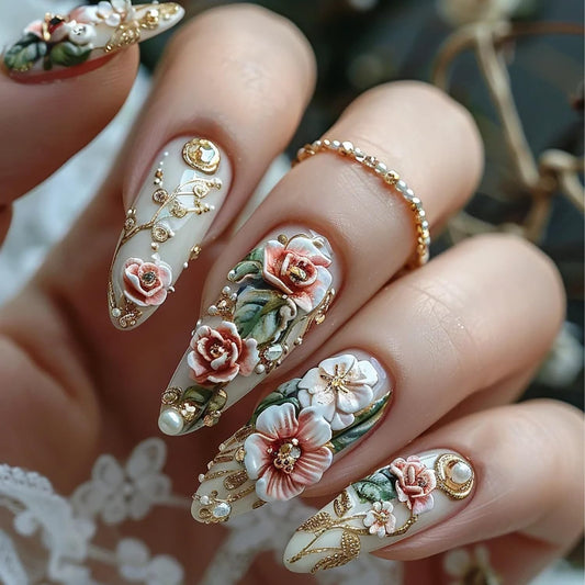 Flower Press on Nails Long Length Pearl Colorful Floral Pattern Design Full Cover Glossy Acrylic False Nail Almond Tip Stick on Nail Press Ons Blossom Peony Glue on Nails for Women Manicure 24Pcs