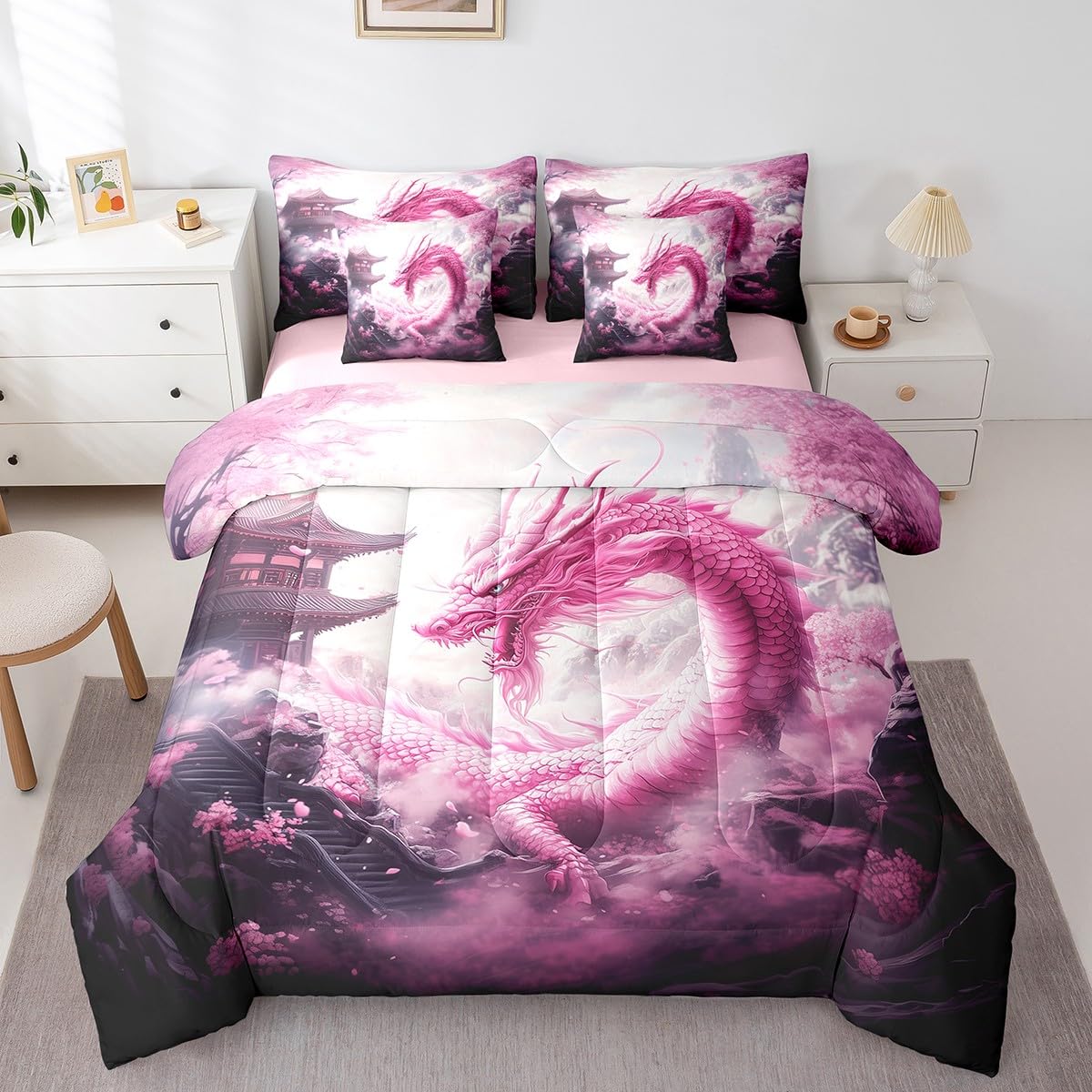 7 Pieces Pink Dragon Comforter Set Queen,Japanese Style Building Bed Set for Kids Boys Girls,Cherry Blossom Bedding(1 Comforter,1 Fitted Sheet,1 Flat Sheet,2 Pillowcases,2 Throw Pillow Cover)