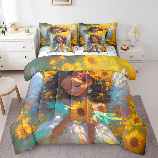 Castle Fairy Dreamy Angel Comforter Set 7 Pieces Twin Size,American Style Cute Girl Bedding Set for Kids,Spring Theme Sunflower (Comforter+Fitted+Flat Sheet+2 Pillowcases+2 Throw Pillow Covers)