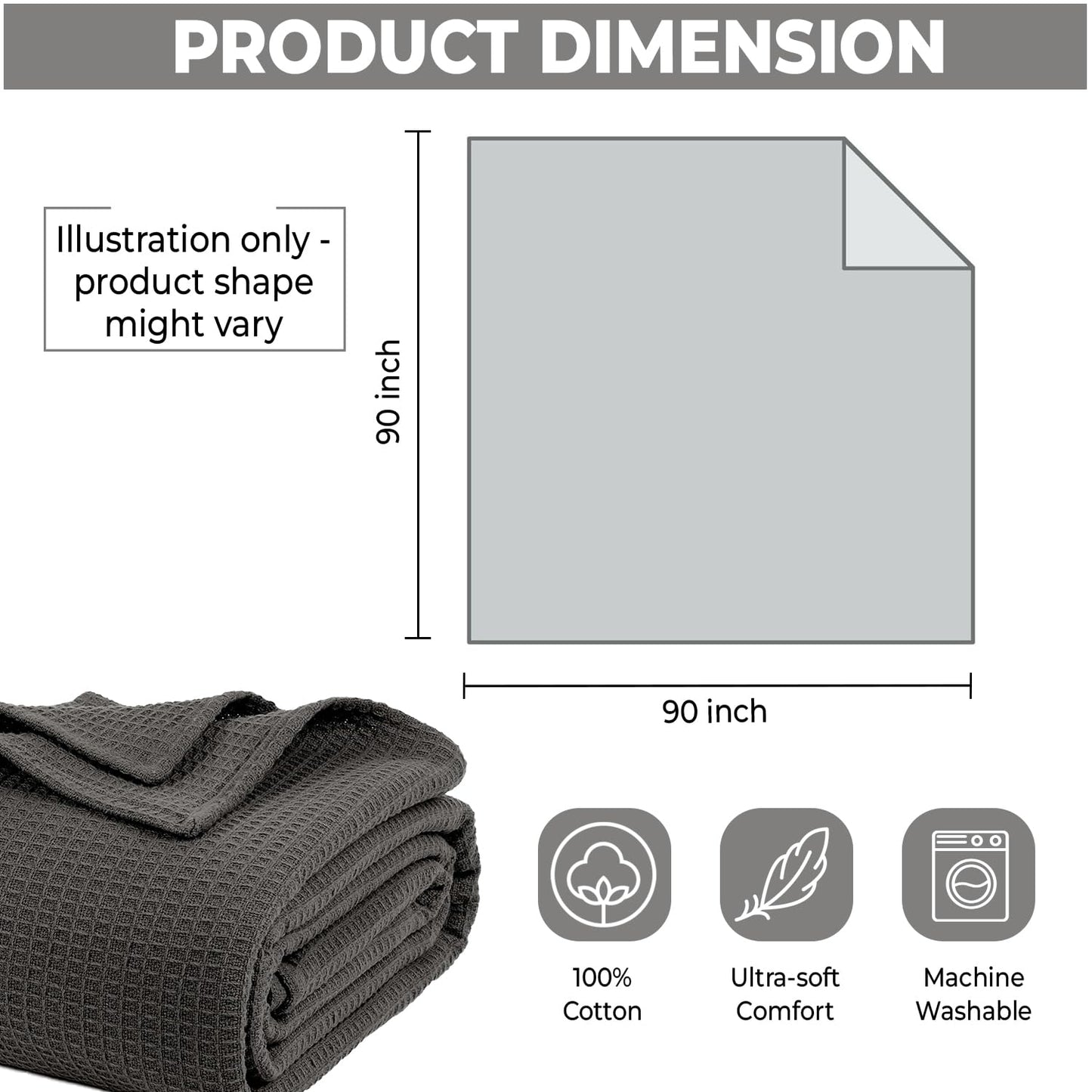 100% Cotton Blankets for Bed - Waffle Weave Blankets for Summer, Lightweight and Breathable Soft Woven Blanket for Spring (Dark Grey, Queen (90" x 90"))