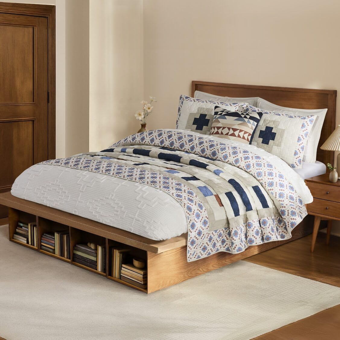Pendleton King Quilt Set – 100% Cotton 3 Piece Quilt Set with Shams, Soft Lightweight Bedding for King Size Bed, White & Blue Patterned Comforter Alternative, King Bedding Set (Meadow Summit)