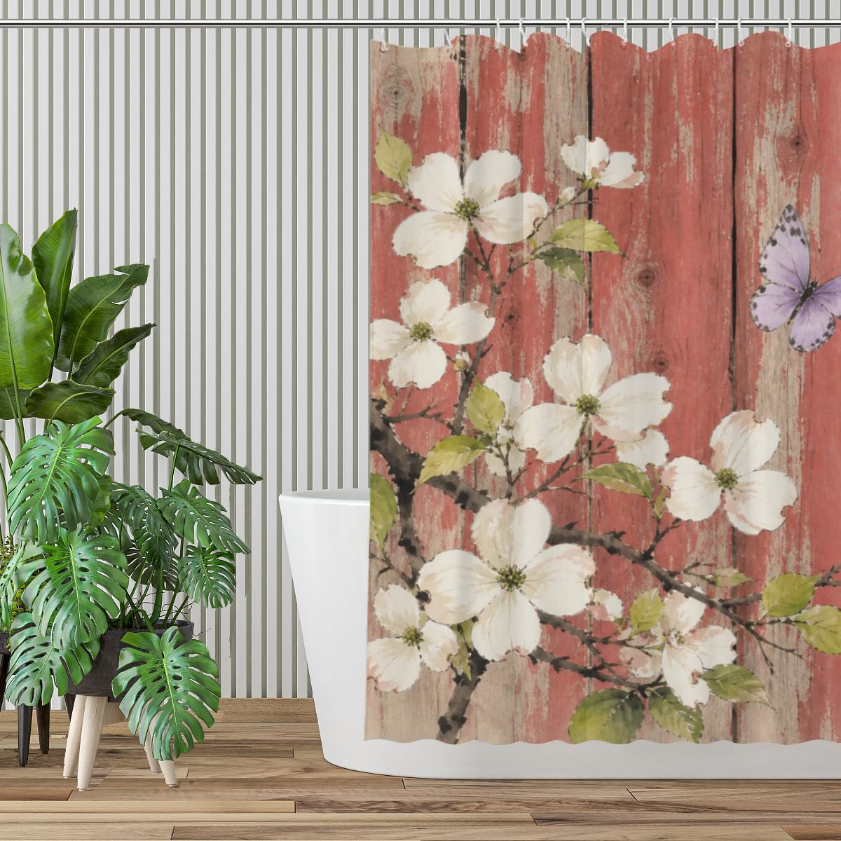 TopPacific White Blossom Red Wood Shower Curtain 72x72 Inch Shower Curtain with 12 Hooks Polyester White Blossoms Butterflies Red Wood Fence Bathroom Decor
