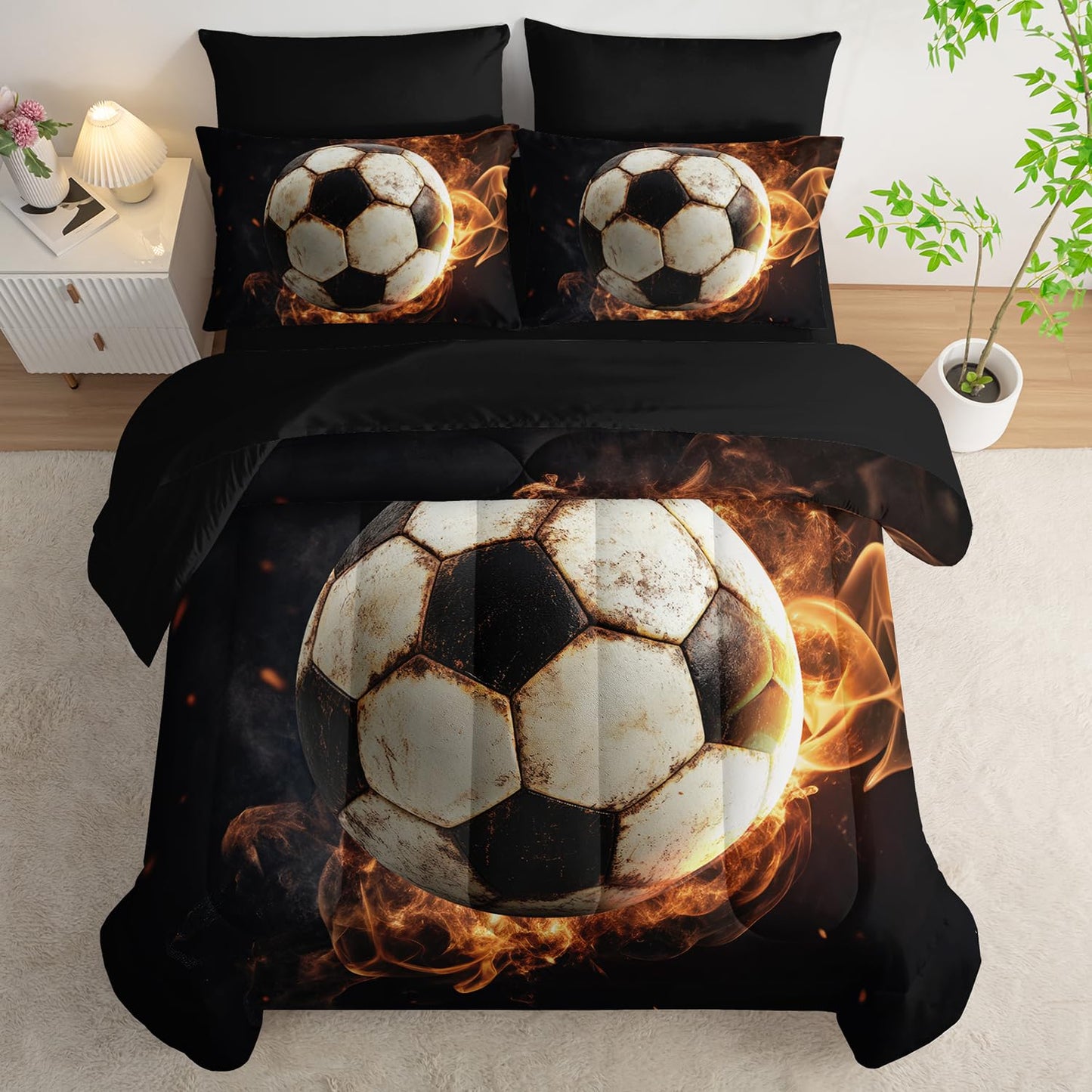 XYNHML Soccer Print Comforter 7Pcs Gaming Sport Flame Soccer Bedding Set for Kid Teen Girl Boy Adult Sports White Black Football Quilt Bed Set Twin with 2 Sheets,2 Pillowcases,2 Throw Pillow Covers