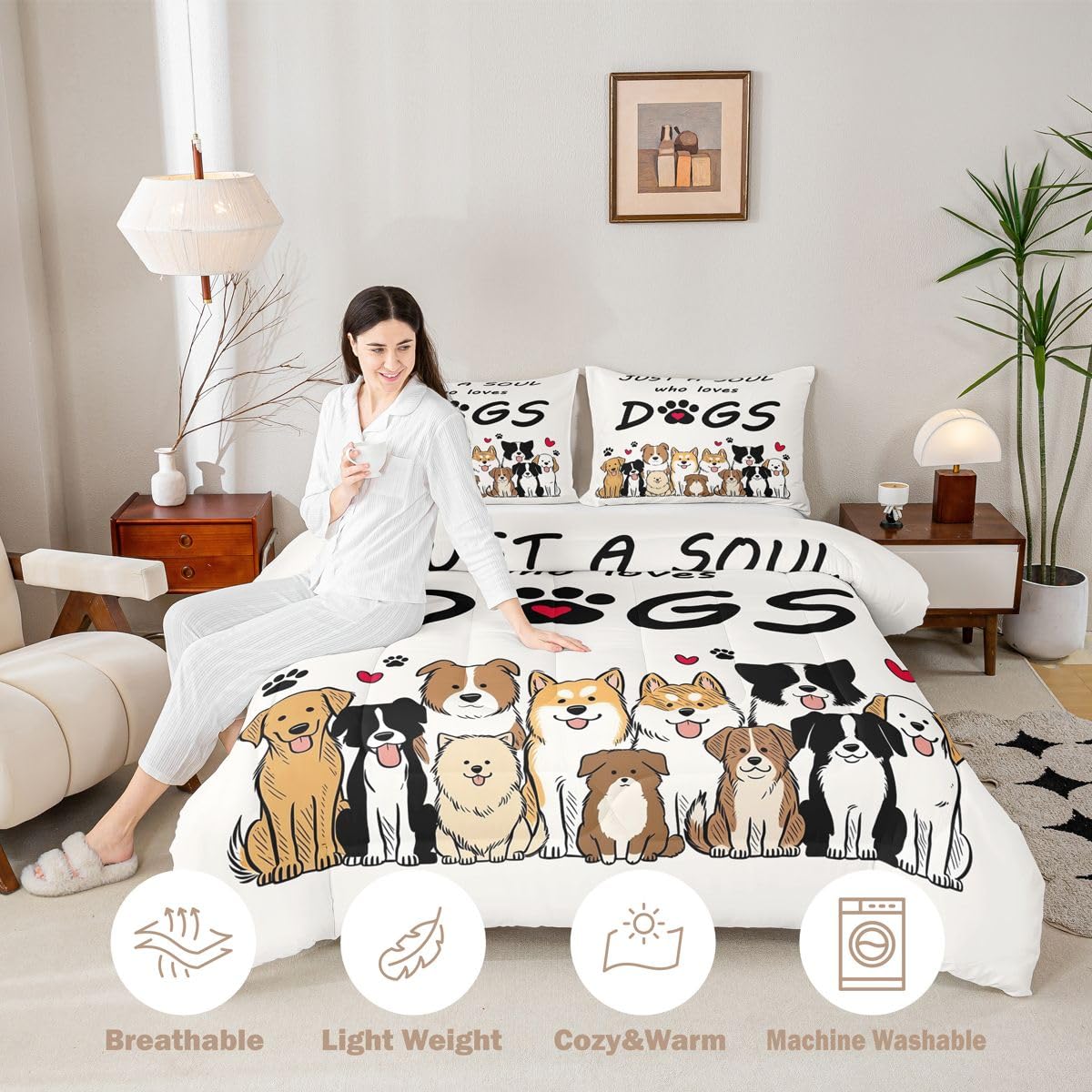 jejeloiu Cute Dog Comforter Set All Season Puppy Dog Bedding Set with 2 Pillow Cases Kawaii Animals Decor Microfiber Kids Queen Bedclothes Bedroom Decor Duvet Quilt Breathable Soft Lightweight