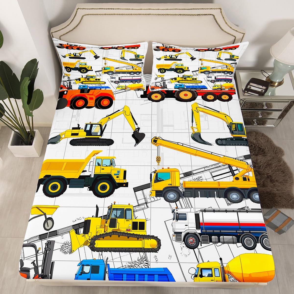 Erosebridal Excavator Bedding Sets Dump Truck Fitted Sheet Twin Size, Cartoom Vehicles Construction Bed Sheet for Boys Teens Child, Kids Car Theme Bedroom Decor Yellow Red Blue