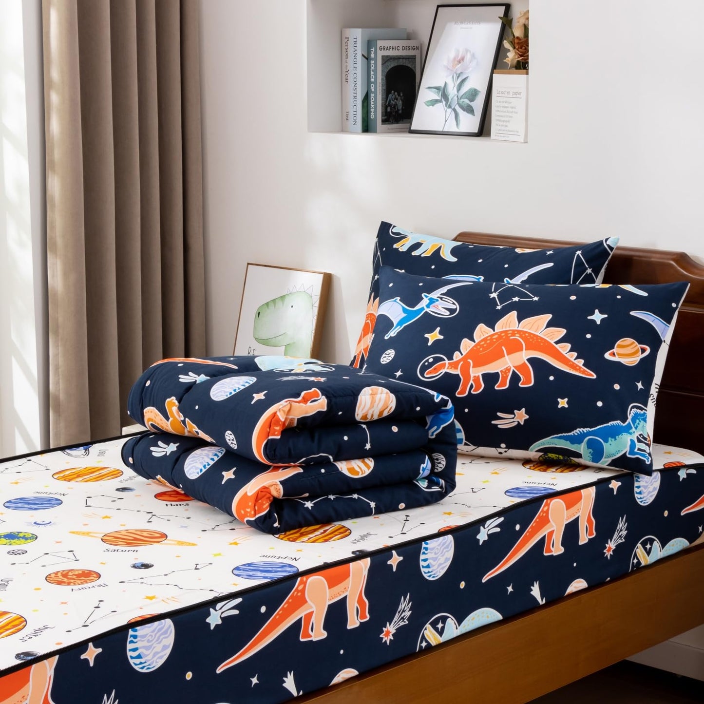 Meeting Story 3pcs Zipper Bedding Twin Kids Space Dinosaur Glow in the Dark Comforter Set for Boys(Navy,Twin)