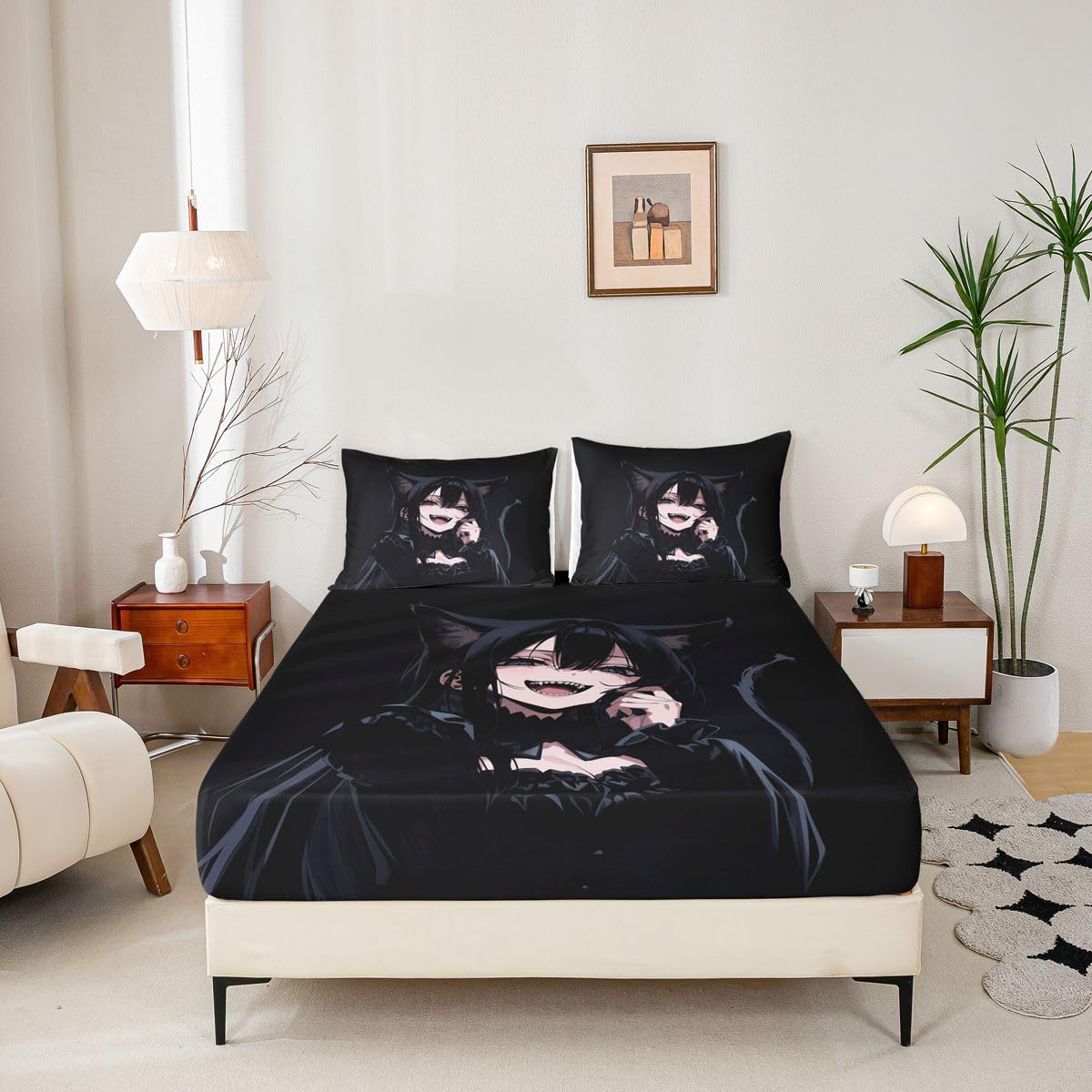Erosebridal Anime Girl Queen Bed Sheets 3D Japanese Fitted Sheet,Gothic Style Cat Girls Kids Bedding Sets Cool Anime Gift Sheets with 2 Pillowcases