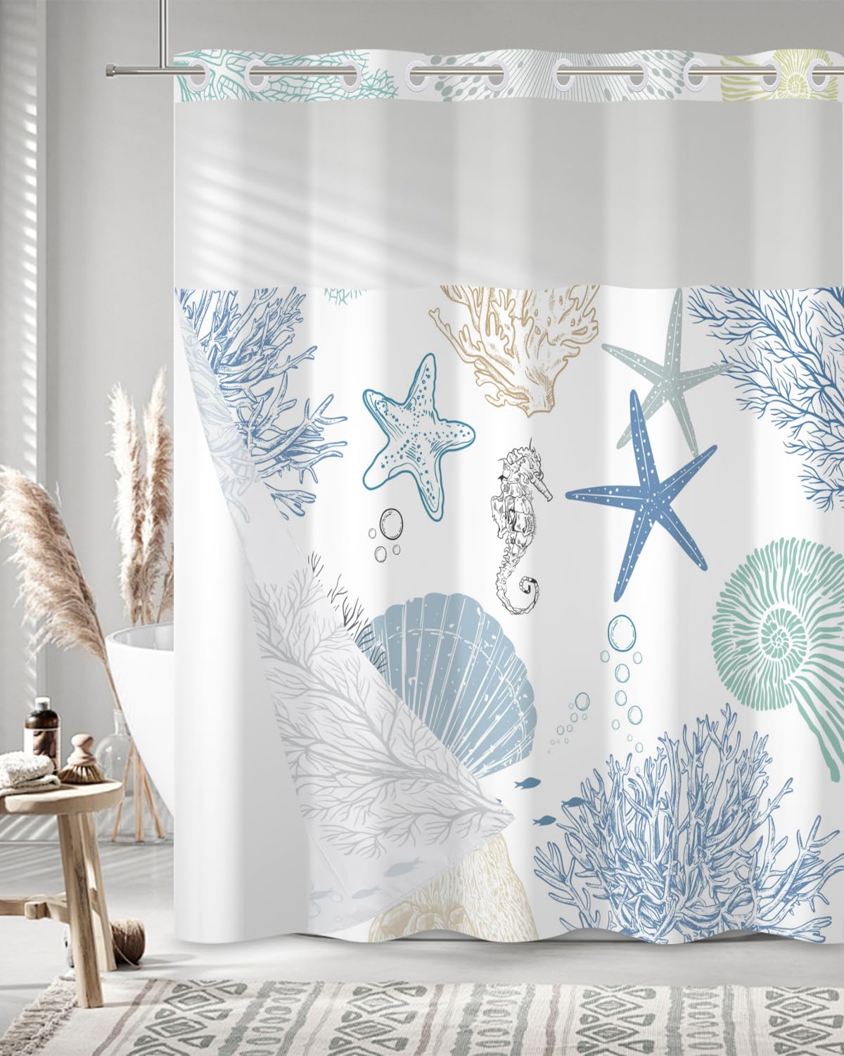 Xiazhilaio No Hook Shower Curtain with Snap in Liner Set - Sea Seashells, Starfish & Coral Print Shower Curtains for Coastal Nautical Ocean Bathroom, Waterproof Bath Curtain with Mesh Top, 71x74 Inch